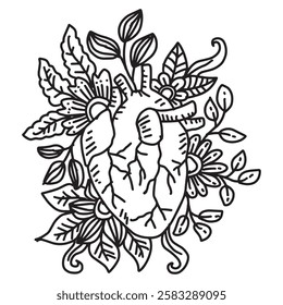 Hand drawn doodle human heart with floral ornament. Vector illustration.