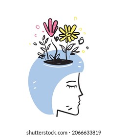 hand drawn doodle Human or woman head with flowers inside illustration vector