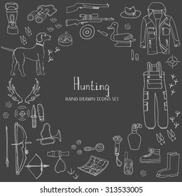 Hand drawn doodle hunting set. Vector illustration. Sketchy hunt related icons, hunting elements, hunting dog, gun, crossbow, hunting wear cloths, boots, plastic sitting duck, binoculars