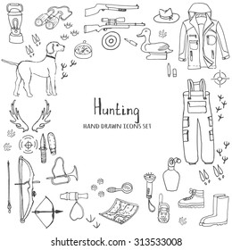 Hand drawn doodle hunting set. Vector illustration. Sketchy hunt related icons, hunting elements, hunting dog, gun, crossbow, hunting wear cloths, boots, plastic sitting duck, binoculars