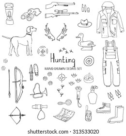 Hand drawn doodle hunting set. Vector illustration. Sketchy hunt related icons, hunting elements, hunting dog, gun, crossbow, hunting wear cloths, boots, plastic sitting duck, binoculars