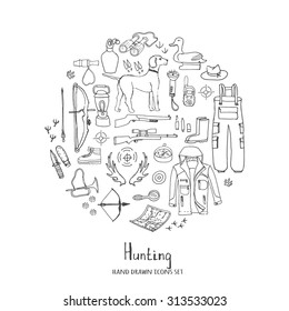 Hand drawn doodle hunting set. Vector illustration. Sketchy hunt related icons, hunting elements, hunting dog, gun, crossbow, hunting wear cloths, boots, plastic sitting duck, binoculars