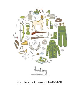 Hand drawn doodle hunting set. Vector illustration. Sketchy hunt related icons, hunting elements, hunting dog, gun, crossbow, hunting clothes, boots, plastic sitting duck, binoculars