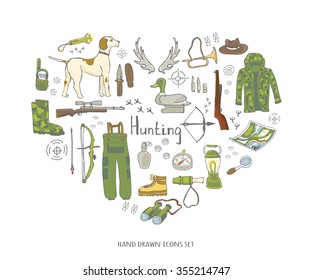 Hand drawn doodle hunting set Vector illustration Sketchy hunt related icons Hunting elements Hunting dog Gun Crossbow Hunting wear cloths Boots Plastic sitting duck Binoculars Deer Outdoor activity