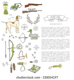 Hand drawn doodle hunting set. Vector illustration. Sketchy hunt related icons, hunting elements, hunting dog, gun, crossbow, hunting wear cloths, boots, plastic sitting duck, binoculars