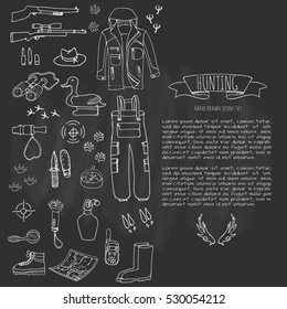 Hand drawn doodle hunting set. Vector illustration. Sketchy hunt related icons, hunting elements, hunting dog, gun, crossbow, hunting wear cloths, boots, plastic sitting duck, binoculars