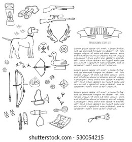 Hand drawn doodle hunting set. Vector illustration. Sketchy hunt related icons, hunting elements, hunting dog, gun, crossbow, hunting wear cloths, boots, plastic sitting duck, binoculars