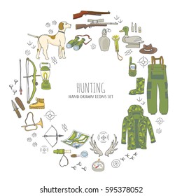 Hand drawn doodle hunting set. Vector illustration. Sketchy hunt related icons, hunting elements, dog, gun, crossbow,camping wear cloths, boots, plastic sitting duck, binoculars, compass