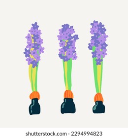 Hand drawn doodle hyacinths in small vases on a beige background.