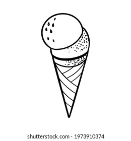 Hand drawn doodle ice cream balls in crispy waffle cone. Sketch vector illustration for cafe menu, card decoration.