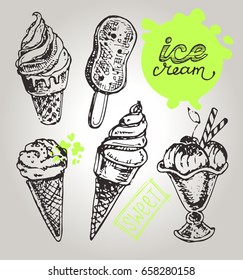 Hand drawn doodle ice cream illustration. Ice cream cone.