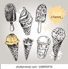 Hand drawn doodle ice cream illustration. Ice cream cone.