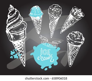 Hand drawn doodle ice cream illustration. Ice cream cone.