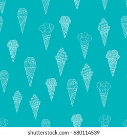 Hand drawn doodle ice cream seamless pattern. Vector illustration.