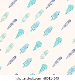 Hand drawn doodle ice cream seamless pattern. Vector illustration.
