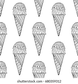 Hand drawn doodle ice cream seamless pattern. Vector illustration.