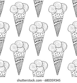 Hand drawn doodle ice cream seamless pattern. Vector illustration.