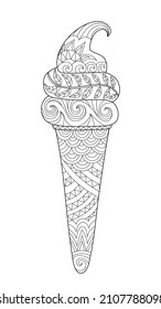 Hand drawn doodle ice-cream cone dessert. Coloring book page for adults. Zentangle style