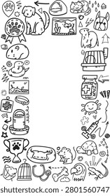 A hand drawn doodle icon collage of exotic pet species, reptile veterinary care, and small animal shelter equipment forming a dense vertical rectangular frame.