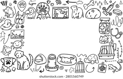 A hand drawn doodle icon collage of exotic pet species, reptile veterinary care, and small animal shelter equipment forming a dense horizontal rectangular frame.