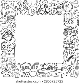 A hand drawn doodle icon collage of sustainable climate preservation efforts, industrial eco efficiency, and global recycling habits forming a dense square rectangular geometric frame.