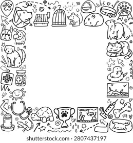 A hand drawn doodle icon collage of exotic companion animals, reptile terrarium habitats, and pet training accessories forming a dense square rectangular geometric frame.