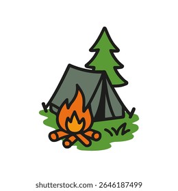 A hand drawn doodle icon depicts a campsite with a tent, burning campfire, evergreen tree, and green grass. Outdoors in nature