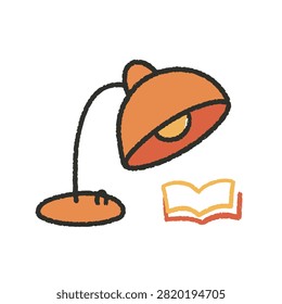 Hand drawn doodle icon featuring an orange desk lamp casting light onto an open book representing study and education
