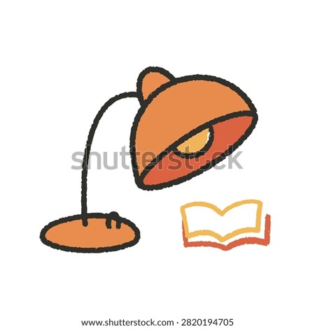 Hand drawn doodle icon featuring an orange desk lamp casting light onto an open book representing study and education