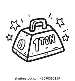 Hand drawn doodle icon of a heavy weight labeled 1 TON with stars around it. Perfect for illustrating strength, weight, and heavy lifting concepts.