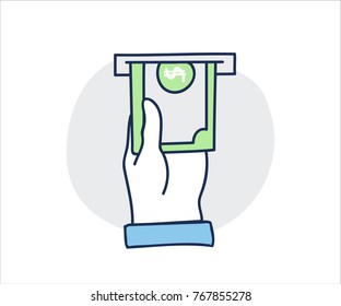 Hand drawn doodle icon. Hand receiving money from atm. Dollar bill. Vector money related illustration