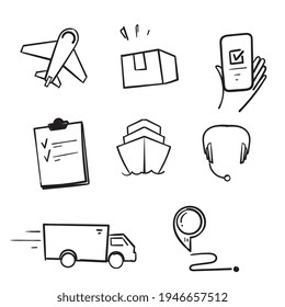 hand drawn doodle icon related to shipping, logistics, customer service, illustration isolated