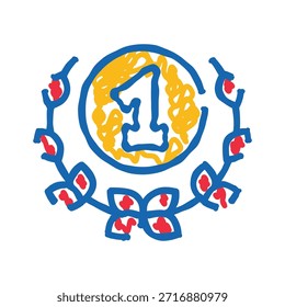 Icono de doodle dibujado a mano que representa un primer lugar o concepto ganador, con el número uno dentro de un diseño de medalla circular rodeado por una corona de laurel decorativa