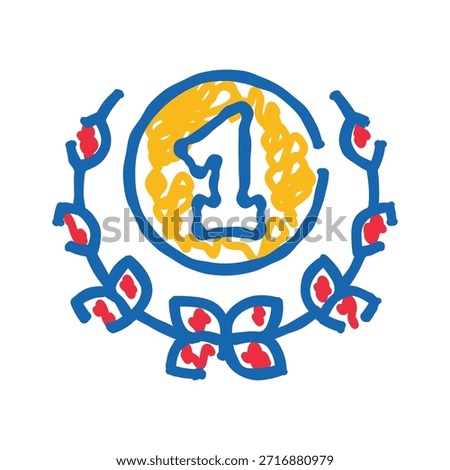 Hand drawn doodle icon representing a first place or winner concept, featuring the number one inside a circular medal design surrounded by a decorative laurel wreath