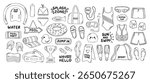 Hand drawn doodle icon set of summer swimming and pool accessories. Swim sport equipment. Vector illustration