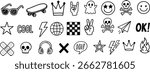 Hand Drawn Doodle Icon Set – Sunglasses, Skateboard, Crown, Rock Hand, Ghost, Skull, Lightning, Peace, Cool Sticker Clipart