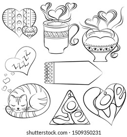 Hand drawn doodle icon set. Different home objects and cat in a heart shape. Vector cute illustration isolated on white background