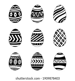 Hand drawn doodle icon set of Easter eggs with different pattern isolated on white background. Outline vector illustration. Design for celebration card, invitation, print