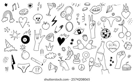 Hand drawn doodle icon set. Girl power doodle hand drawn design. Feminist strong female character vector set. Vector illustration. Black and white.