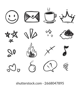 Dibujado a mano Doodle Icon Set – Emojis, Clima, etc sobre fondo blanco