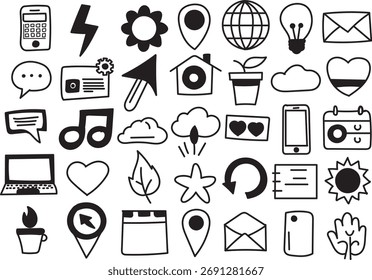 Hand Drawn Doodle Icon Set in Black and White – Communication, Social, and Lifestyle Vector Elements