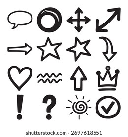Handgezeichnetes Doodle-Symbol-Set in Schwarz-Weiß-Präsentation