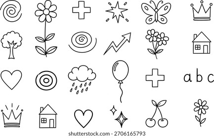 Hand drawn doodle icon set with flowers hearts and other symbols