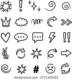 Hand drawn doodle icon set featuring arrows, stars, and speech bubbles for creative graphic design embellishments.