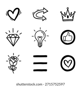 Hand drawn doodle icon set with heart crown diamond and rose