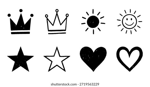 hand drawn doodle icon set with crown sun star and heart