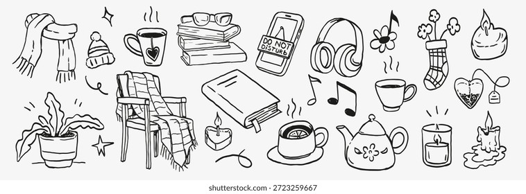 Hand drawn doodle icon set with cozy home objects, music elements, warm drinks, books, chairs and plants. Ideal for lifestyle design, home atmosphere illustrations, comfort themes, relaxation.