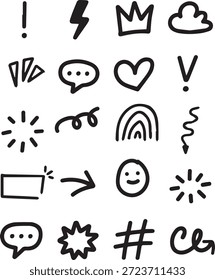 Ícone Desenhado à Mão Doodle Conjunto com Símbolos Corações Setas e Bolhas de Fala