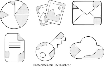 Hand Drawn Doodle Icon Set of Pie Chart, Photo Stack, Mail, Document, Key and Cloud