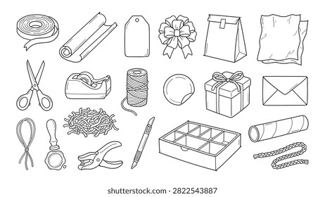 Hand drawn doodle icon set featuring gift wrapping and packaging supplies including ribbon, gift box, tag, envelope, tape, twine, scissors, paper bag, and wrapping tools.